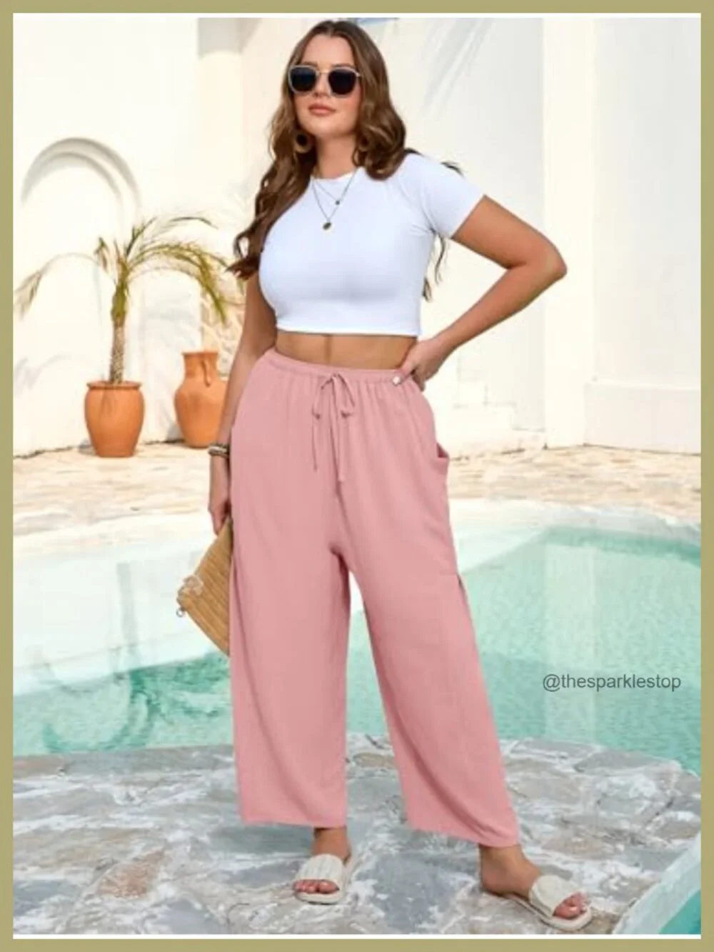Plus Size Wide Leg Drawstring Pants with Pockets - Ankle Length Palazzo Trousers